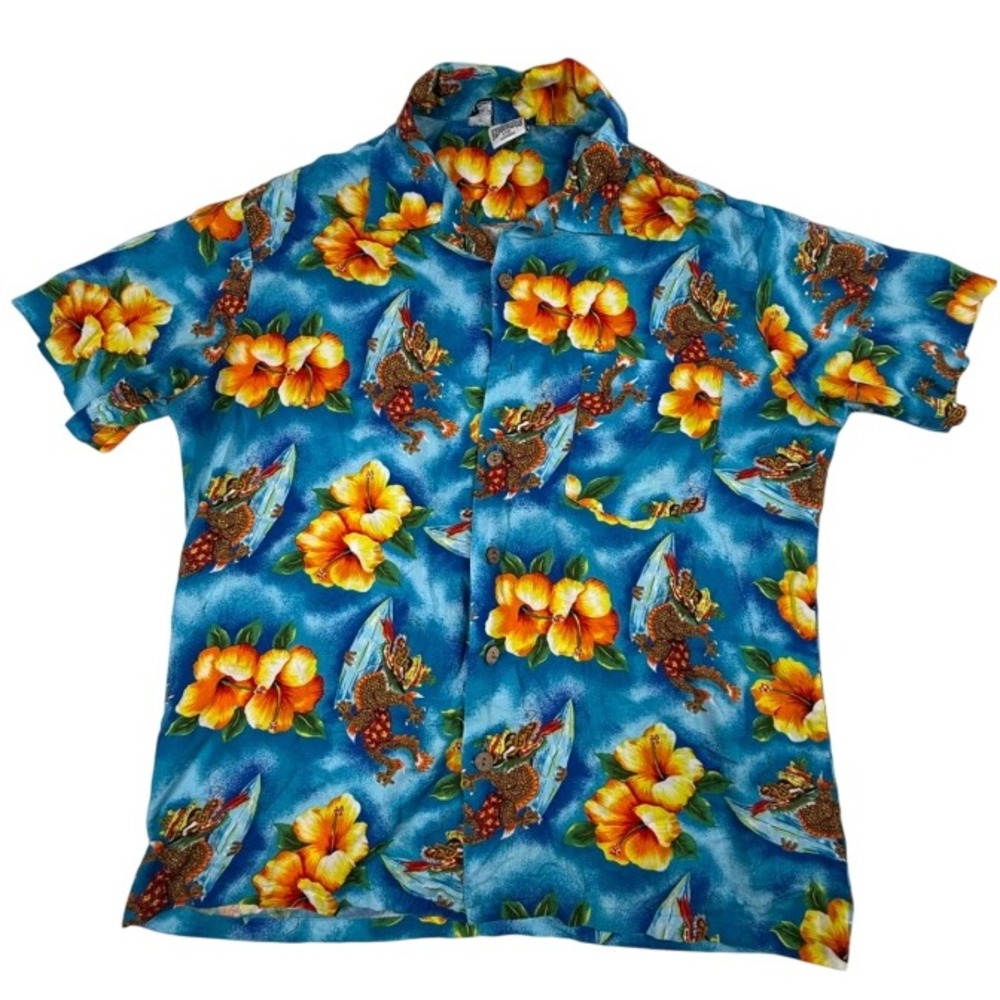 Kennington Hawaiian Shirt Large Blue Surfing Dragon Hibiscus Rayon Floral Y2K